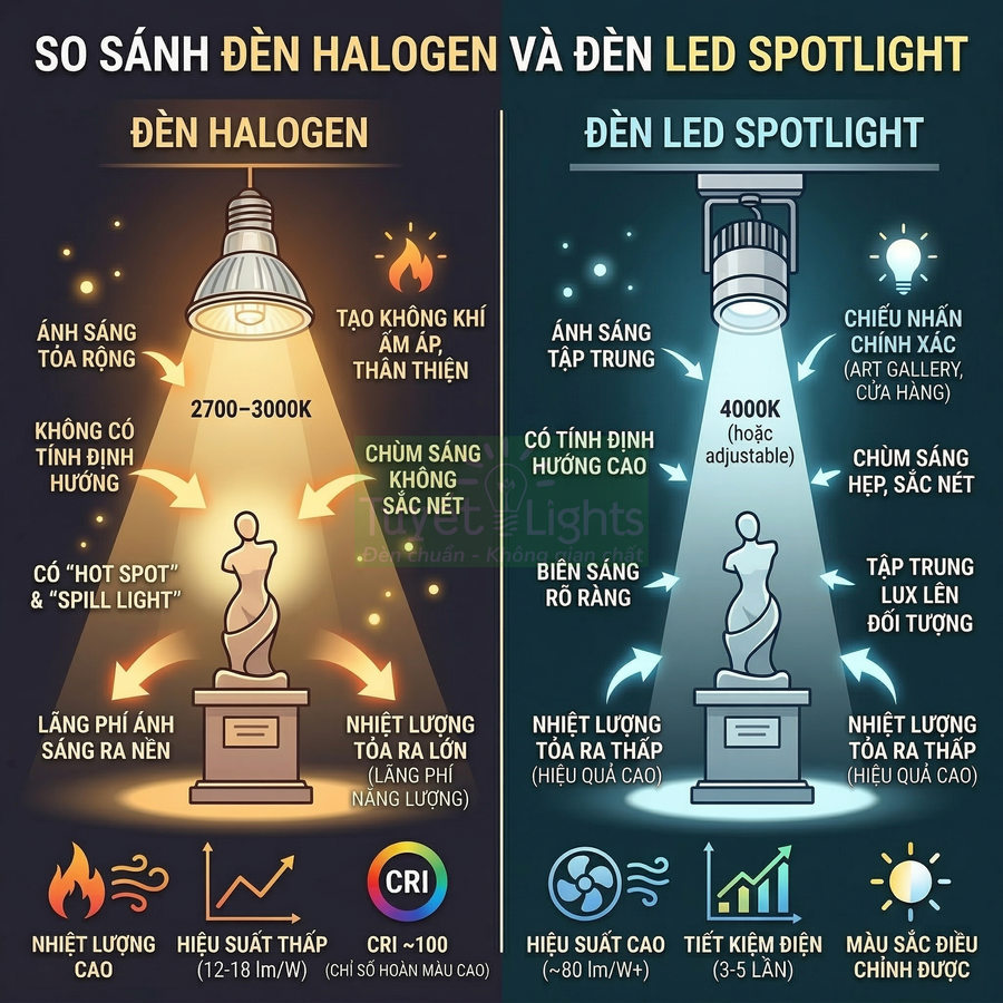 So sánh ưu nhược điểm đèn halogen và đèn LED spotlight chiếu tượng trưng bày trong không gian nội thất